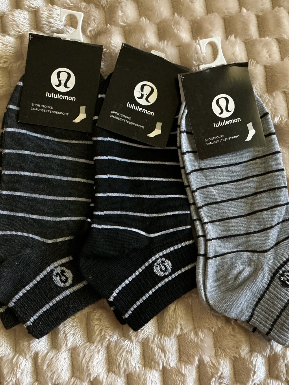 3 Pair Designer Inspired Striped Ankle Sport Socks NWT Black Gray